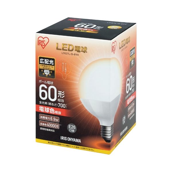 （まとめ） アイリスオーヤマ LED電球60W E26 ボール球 電球 LDG7L-G-6V4【×5セット】