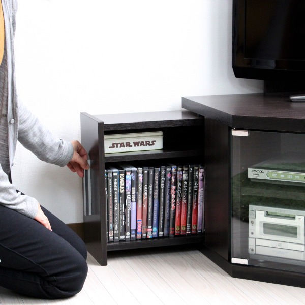 コーナー テレビ台/テレビボード 【ダークブラウン】 ハイタイプ 最大幅102cm 最大50型対応 上棚 ガラス扉付き 〔リビング〕