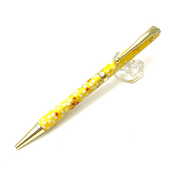 日本製 ハンドメイド ボールペン/文房具 【桜と流水 黄色】 クロスタイプ 芯：0.7mm 美濃和紙 友禅紙 文具 オフィス用品