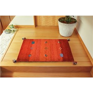 ギャッベ ラグマット/絨毯 【約60×90cm オレンジ】 ウール100％ 保温性 調湿効果付き オールシーズン対応 〔リビング〕【代引不可】