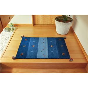ギャッベ ラグマット/絨毯 【約60×90cm ブルー】 ウール100％ 保温性 調湿効果付き オールシーズン対応 〔リビング〕【代引不可】