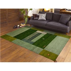 ギャッベ ラグマット/絨毯 【約80×140cm グリーン】 ウール100％ 保温機能 調湿効果 オールシーズン対応 〔リビング〕【代引不可】