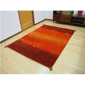 ギャッベ ラグマット/絨毯 【約80×140cm オレンジ】 ウール100％ 保温機能 調湿効果 オールシーズン対応 〔リビング〕【代引不可】
