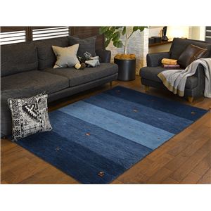 ギャッベ ラグマット/絨毯 【約80×140cm ブルー】 ウール100％ 保温機能 調湿効果 オールシーズン対応 〔リビング〕【代引不可】