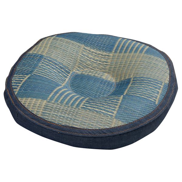 い草 円座 クッション 約直径40×8cm デニムパッチ ブルー イ草 リビング ダイニング【代引不可】