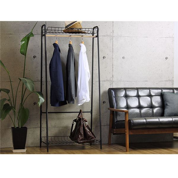 ヴィンテージ調 ハンガーラック/コートハンガー 【ブラック】 幅70.5cm 収納棚・アジャスター付き【代引不可】