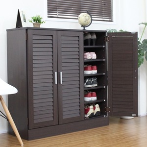 下駄箱/シューズボックス 【ダークブラウン】 幅91cm ルーバー扉付き 防湿・防臭対策 調整棚板 90タイプ 〔玄関 エントランス〕