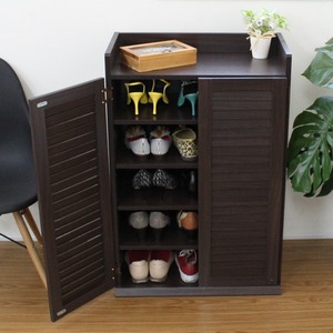 シューズボックス/下駄箱 【ダークブラウン】 幅60cm スリム ルーバー扉 〔玄関収納 エントランス〕