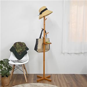 ポールハンガー 高さ165.5cm ブラウン 木製 天然木 トレー付き 工具不要 収納家具 コートハンガー コート掛け 組立品