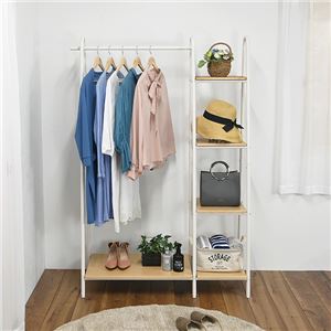 ハンガーラック ワイド ナチュラル 収納棚付き 4段棚 大容量 コートハンガー 衣類収納 組立式