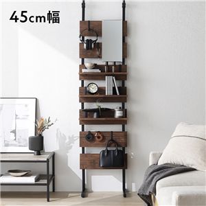 突っ張り ウォールラック 幅45cm ブラウン×ブラック 可動棚 ミラー付 スチール 賃貸OK 壁面収納 ウォールシェルフ 突っ張り棚