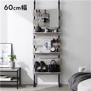 突っ張り ウォールラック 幅60cm ストーン×ブラック 可動棚 ミラー付 スチール 賃貸OK 壁面収納 ウォールシェルフ 突っ張り棚