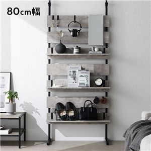 突っ張り ウォールラック 幅80cm ストーン×ブラック 可動棚 ミラー付 スチール 賃貸OK 壁面収納 ウォールシェルフ 突っ張り棚
