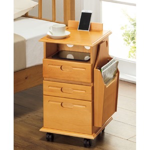 天然木 サイドテーブルワゴン ライトブラウン 木製 キャスター付き 収納ワゴン リビング収納 収納家具 ベッドサイドワゴン
