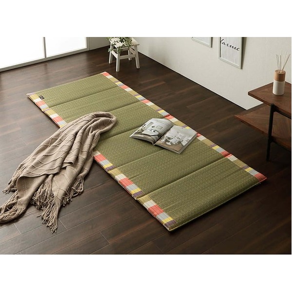 日本製 い草 い草マット マット ごろ寝マット フリーマット クッション性 和風柄 オレンジ 約70×180cm【代引不可】