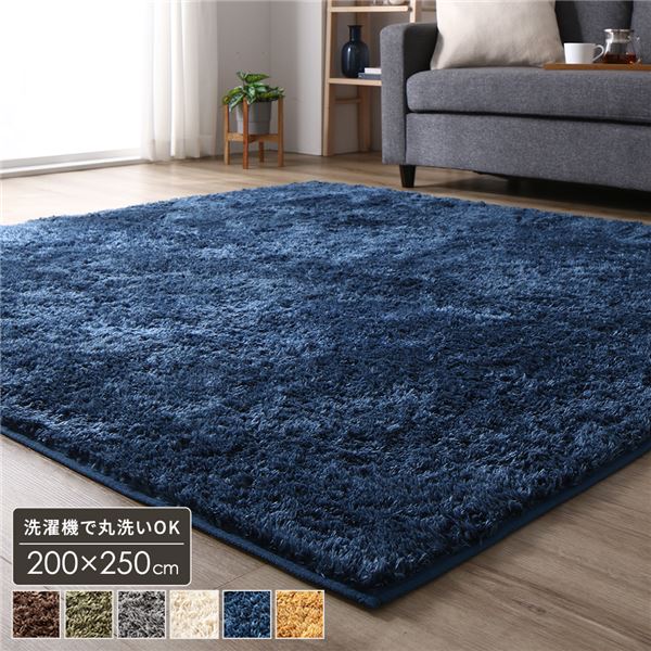 ラグ マット 約3畳 約200×250cm 長方形 ネイビー 床暖房 ホットカーペット対応 洗える シャギー 滑りにくい加工 制菌加工【代引不可】
