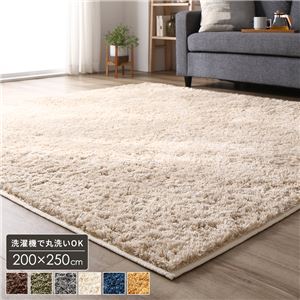 ラグ マット 約3畳 約200×250cm 長方形 ベージュ 床暖房 ホットカーペット対応 洗える シャギー 滑りにくい加工 制菌加工
