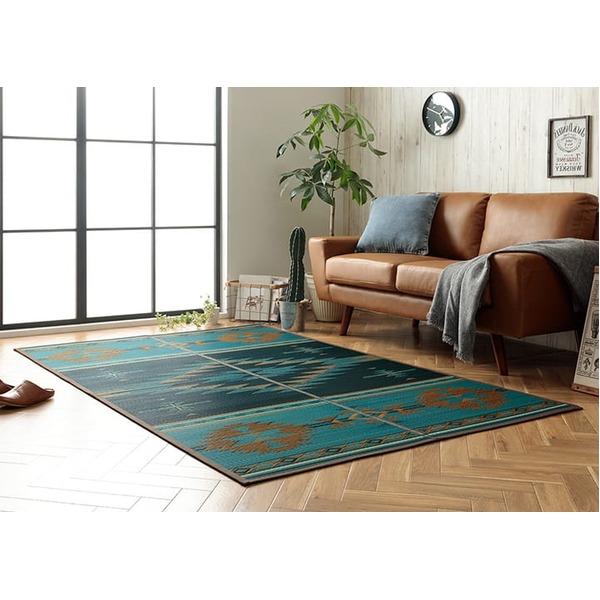 キリムシリーズラグ い草ラグ カーペット 夏用 北欧調 自然素材 天然素材 キリー柄 エスニック ブルー 約140×200cm【代引不可】