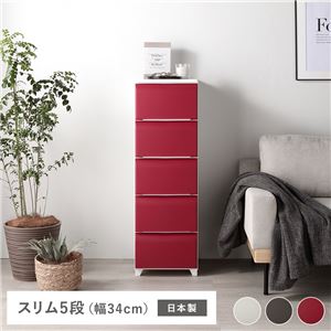 タンス スリム 5段 約幅34cm レッド プラスチック製 脚付き 日本製 ホコリが入りにくい チェスト 衣類収納 収納家具 組立式