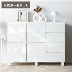 スクエア キャビネット 扉＋引き出しタイプ 4枚扉＋引き出し 幅108cm ホワイト 木脚 木製 脚付 配線穴付 リビング収納 収納棚