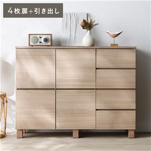 スクエア キャビネット 扉＋引き出しタイプ 4枚扉＋引き出し 幅108cm ナチュラル 木脚 木製 脚付 配線穴付 リビング収納 収納棚