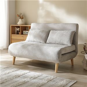 3WAY ソファベッド 幅115cm 2人掛け グレージュ 縦型 洗える カバー付 天然木 木脚 リクライニング カウチ ソファ