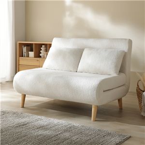 3WAY ソファベッド 幅115cm 2人掛け アイボリー ブークレ 縦型 洗える カバー付 天然木 木脚 リクライニング カウチ ソファ