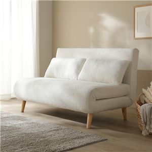 3WAY ソファベッド 幅134cm 2.5人掛け アイボリー ブークレ 縦型 洗える カバー付 天然木 木脚 リクライニング カウチ ソファ