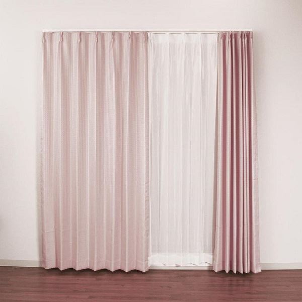 カーテン 4枚セット レースカーテン付き 洗える ウォッシャブル おしゃれ 北欧 モダン タッセル付き アジャスターフック付き ドレープ ドレープカーテン カーテンセット 新生活 一人暮らし 【幅100cm 長さ135cm 4枚セット ピンク(チェック柄)】