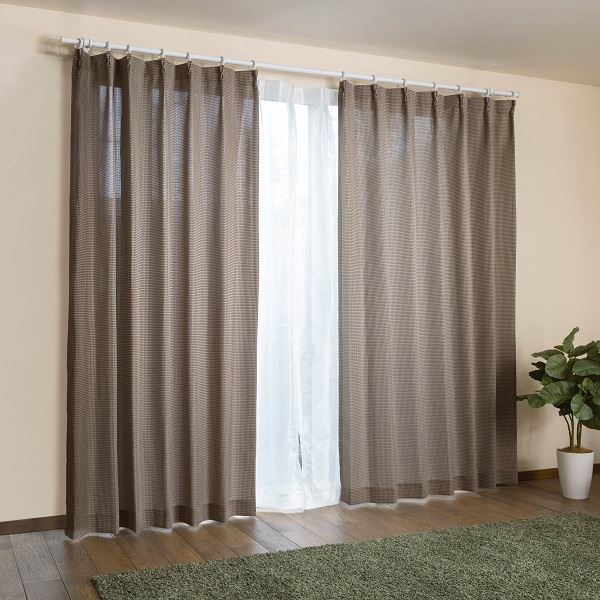 カーテン 4枚セット レースカーテン付き 洗える ウォッシャブル おしゃれ 北欧 モダン タッセル付き アジャスターフック付き ドレープ ドレープカーテン カーテンセット 新生活 一人暮らし 【幅100cm 長さ200cm 4枚セット ブラウン(ワッフル)】