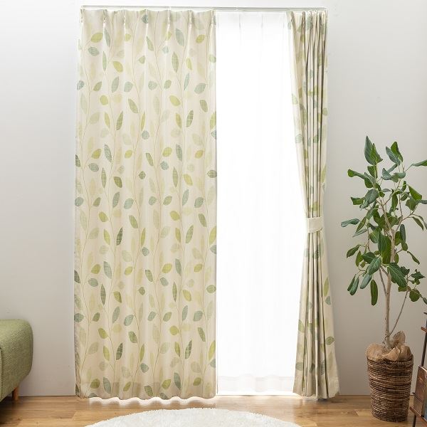 日本製 カーテン ドレープカーテン 遮光 3級遮光 洗える シンプル リーフ ナチュラル カジュアル タッセル付き ウォッシャブル 【幅100cm 長さ220cm 2枚 グリーン】