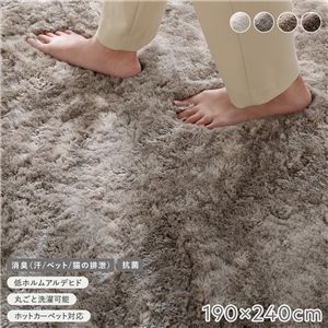 高密度シャギーラグ 約190×240cm グレージュ 抗菌 消臭 洗える ホットカーペット 床暖房可 滑り止め付 オールシーズン ラグ