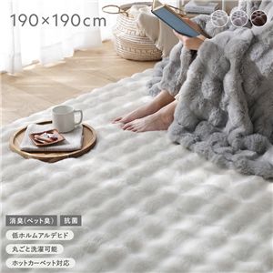 ふわもこ ラグ 約190×190cm アイボリー 洗える 抗菌 消臭 ペット臭 滑り止め加工 ホットカーペット 床暖房可 フロアマット 絨毯