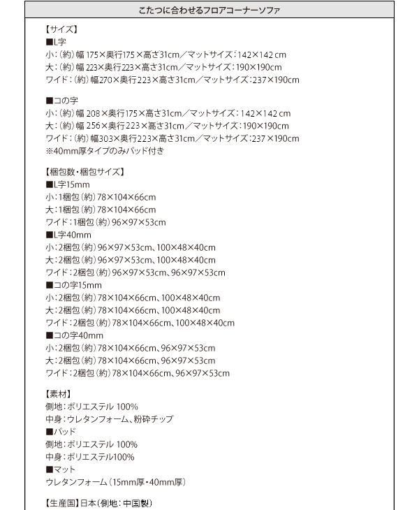 ソファー 40mm厚 ブラック コの字タイプ 小 こたつに合わせるフロアコーナーソファ