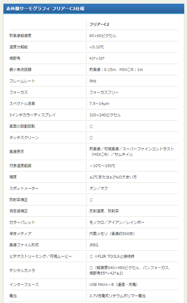 赤外線サーモグラフィー(熱画像装置) コンパクト/ポケットサイズ スーパーファインコントラスト搭載 フリアーC2