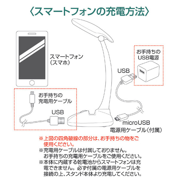 スマホが充電できるスタンドライト(LED ライト/卓上ライト) 乾電池使用可 明るさ:約38ルーメン