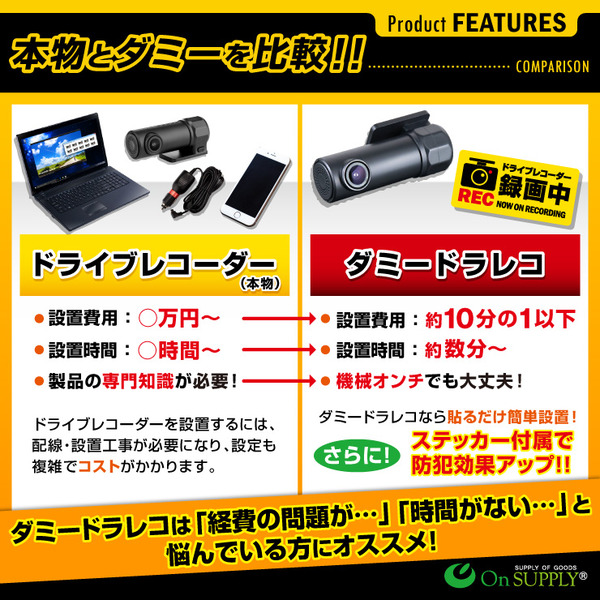 【ダミーカメラ、防犯カメラ、監視カメラ 】ダミードラレコ+ステッカー オンサプライ (OS-201) 防犯ダミー ドライブレコーダー 煽り運転抑止