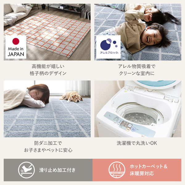 高機能が嬉しい格子柄のデザイン/アレル物質吸着でクリーンな室内に/防ダニ加工でお子さまやペットに安心/洗濯機で丸洗いOK