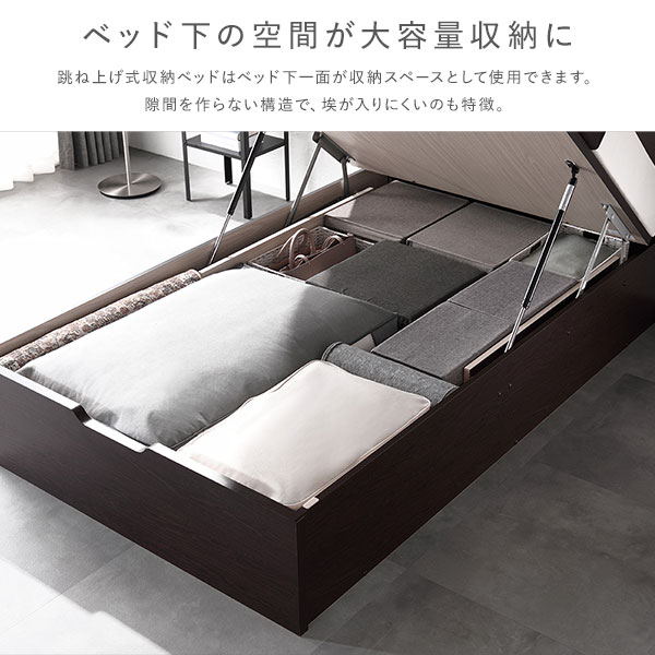 跳ね上げ式収納ベッドはベッド下一面が収納スペースとして使用可能。