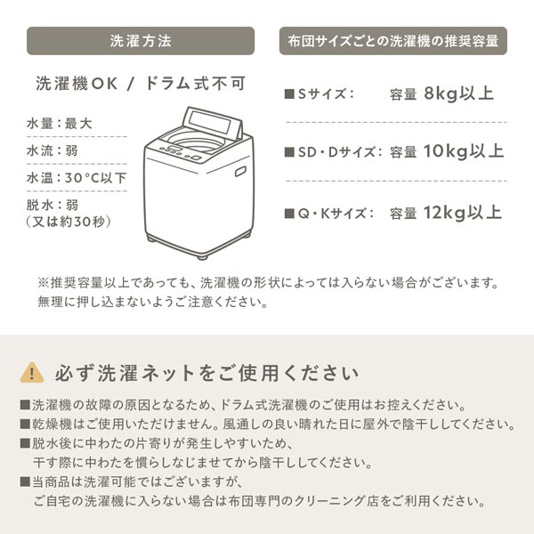 洗濯方法/布団サイズごとの洗濯機の推奨容量
