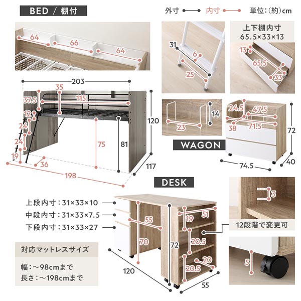 ベッド・デスク・ワゴン サイズ