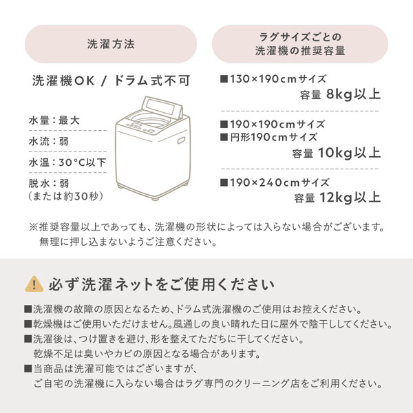 洗濯方法・ラグサイズごとの洗濯機の推奨容量